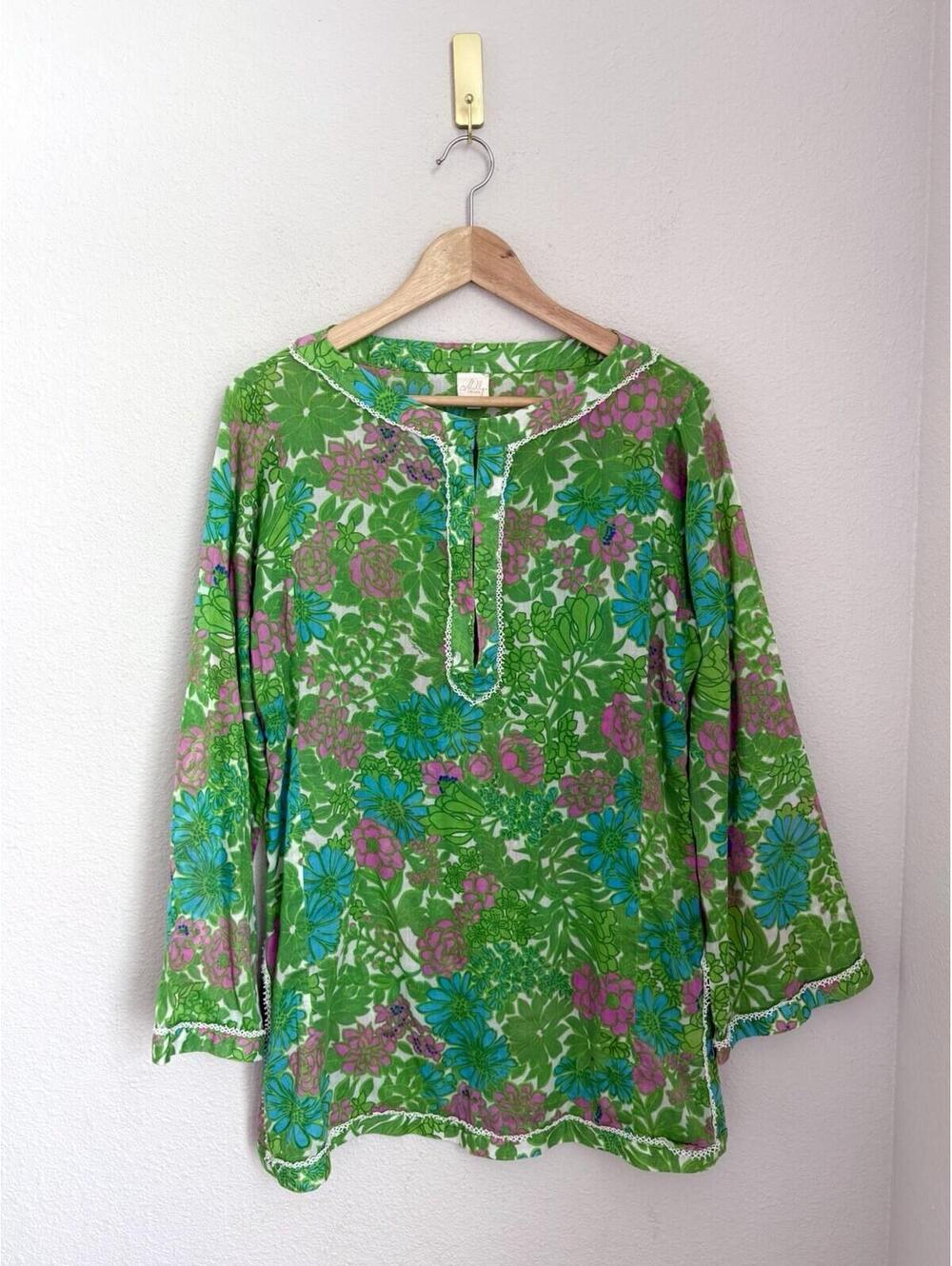 Milly Cabana Cover Up Women's‎ Large Pink Green Floral Beach Resortwear Blouse